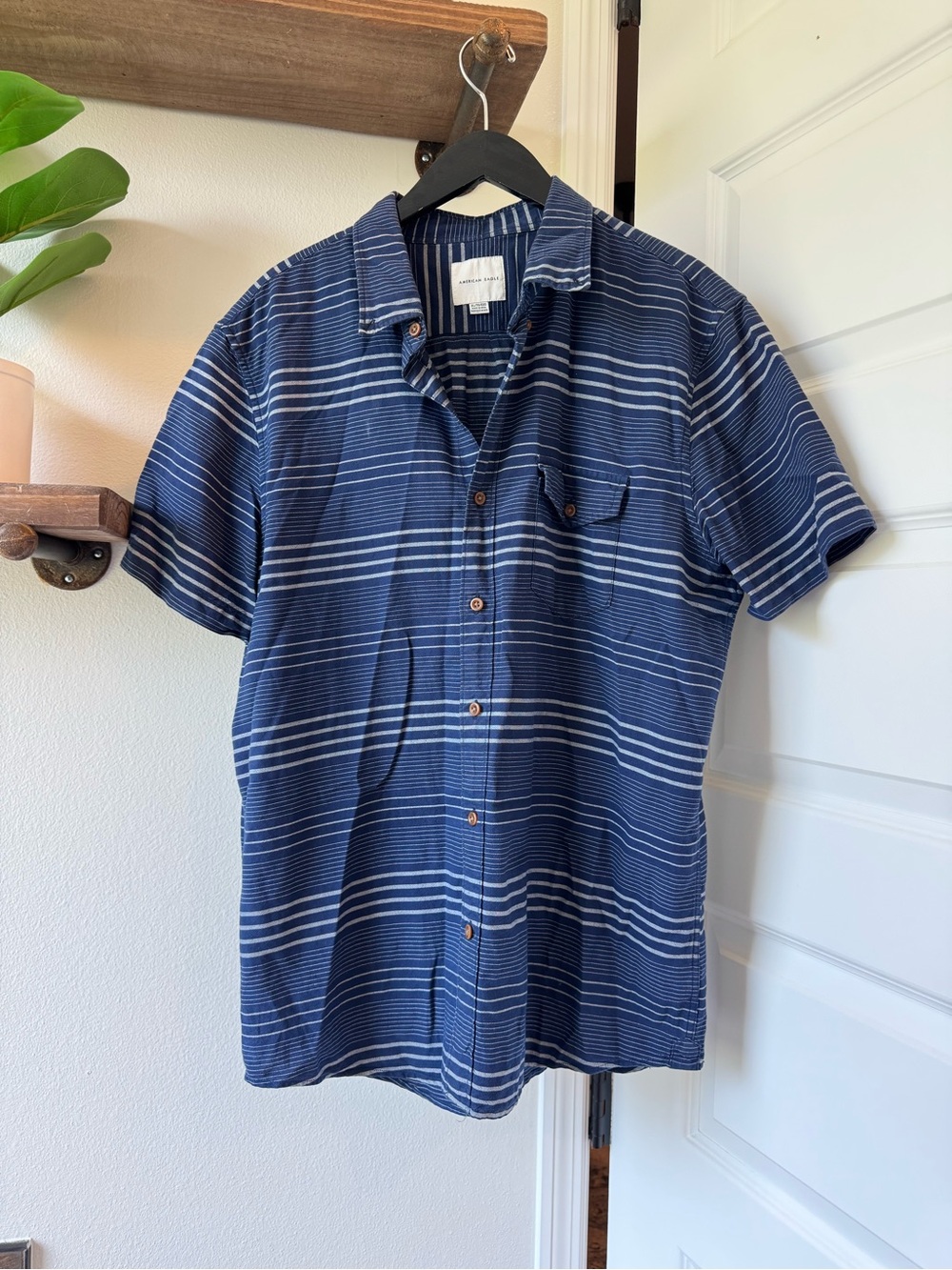 American Eagle Navy Striped Short-Sleeve Shirt